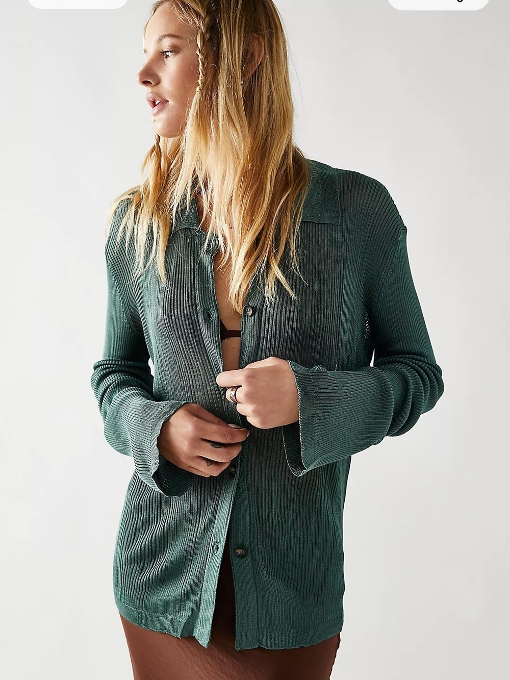Free People Green Ribbed Knit Button Front Collared Top Size L
